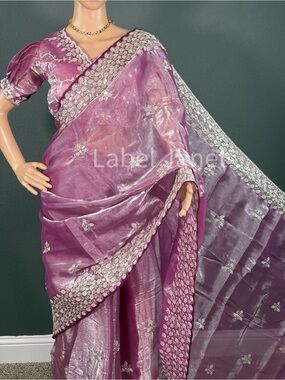 Embroidered Mauve Silk Saree with Silver Motifs & stitched blouse (Brand New)